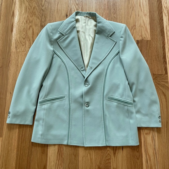 Vintage 60s Disco Leisure Suit Blazer Sport Coat Mint Green Union USA Made 40S